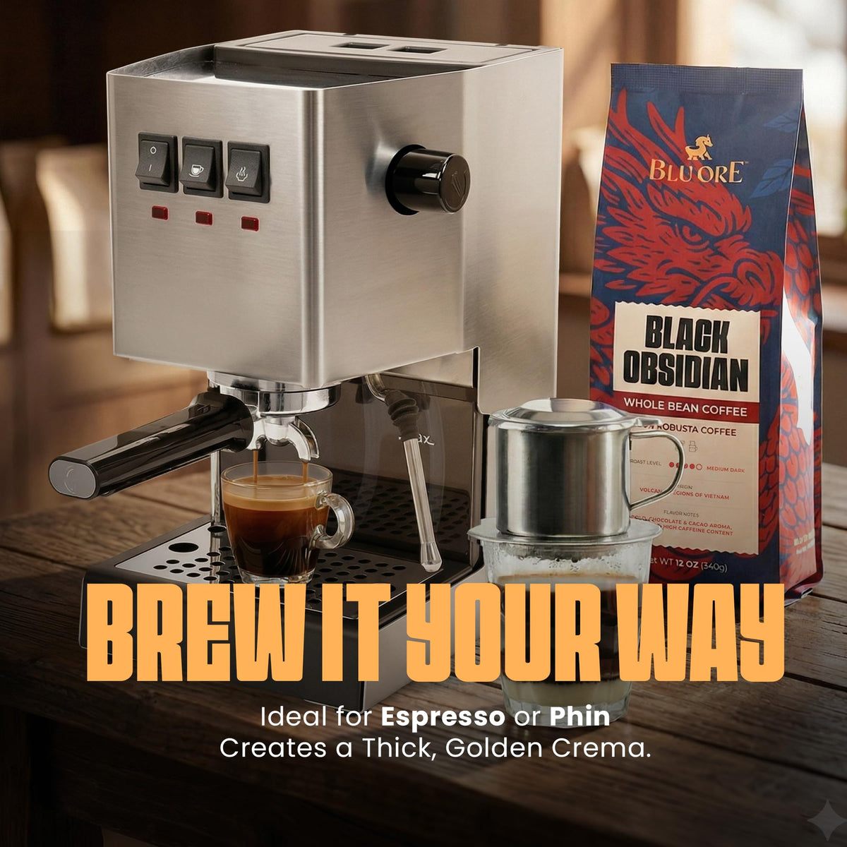 Espresso crema shot from Blu Ore Black Obsidian Robusta with rich chocolate notes.