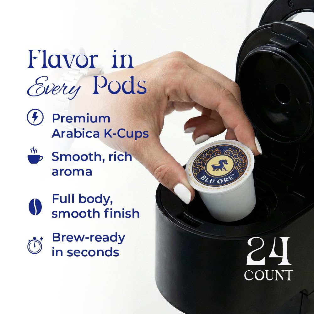 Brewed Blu Ore dark roast cup showcasing bold flavor and toasted caramel notes.