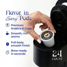 Brewed Blu Ore dark roast cup showcasing bold flavor and toasted caramel notes.