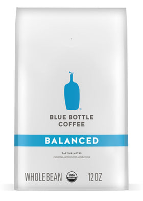 Blue Bottle Balanced bag label highlighting organic, responsibly sourced beans.
