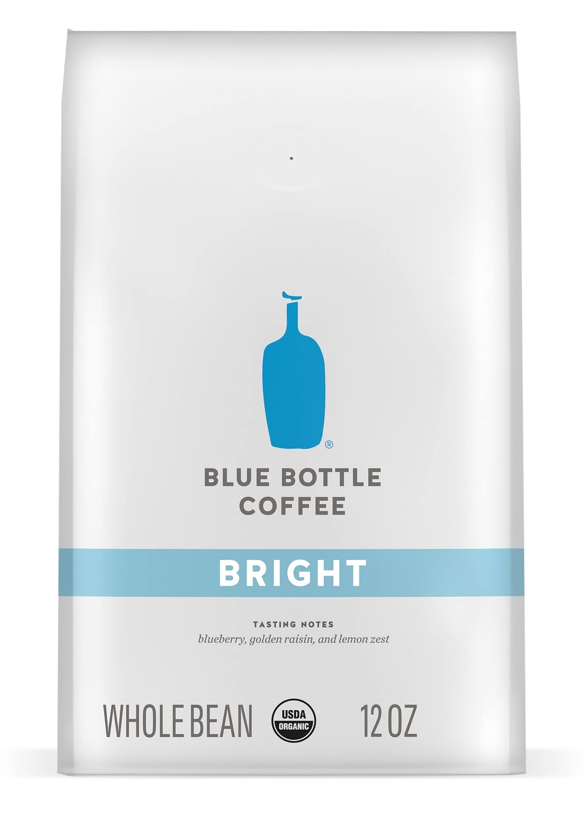 Blue Bottle Bright organic coffee beans in a resealable bag for long-lasting freshness
