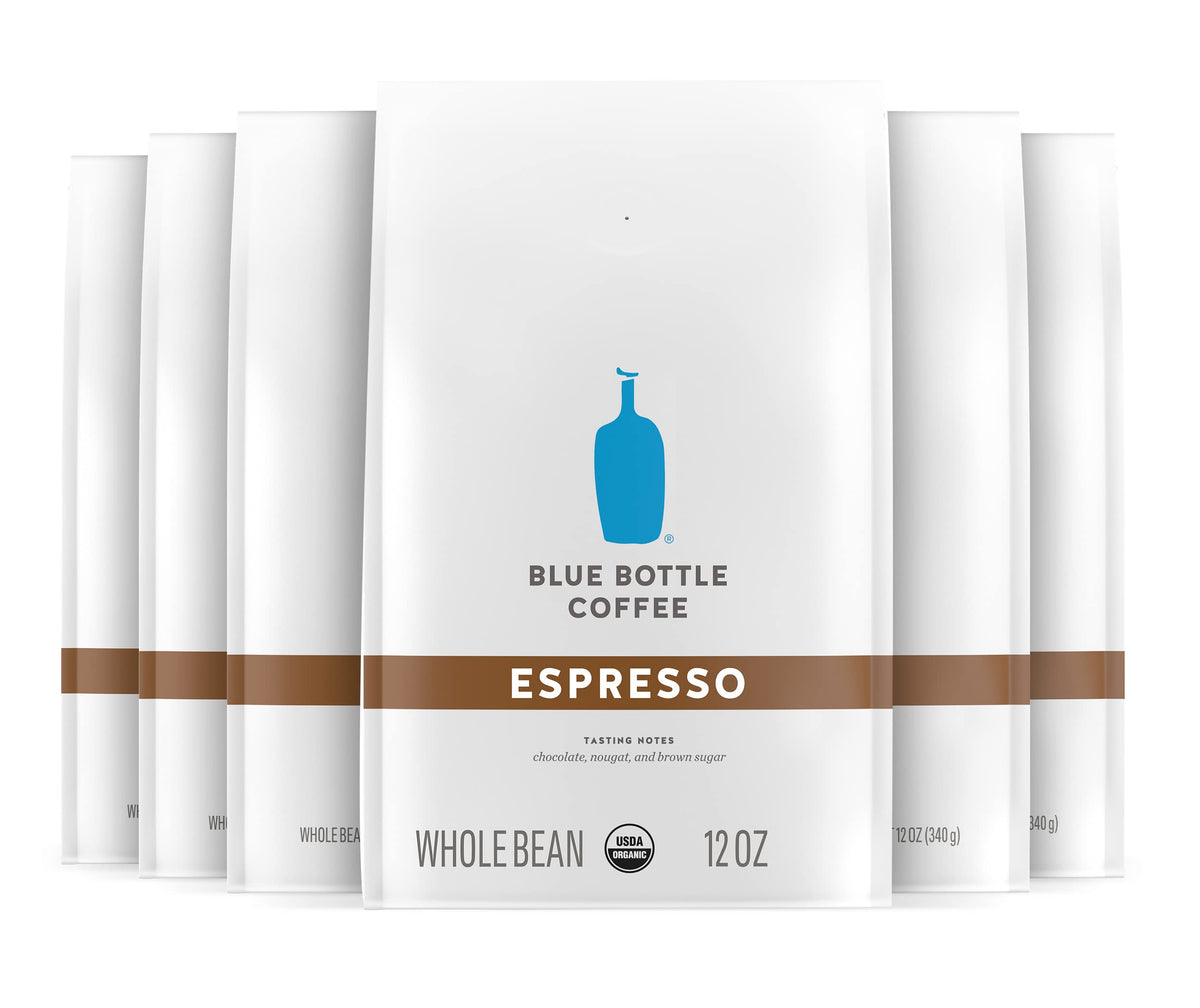 Blue Bottle Coffee espresso beans close-up highlighting rich chocolatey aroma and bold body.