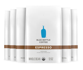 Blue Bottle Coffee espresso beans close-up highlighting rich chocolatey aroma and bold body.
