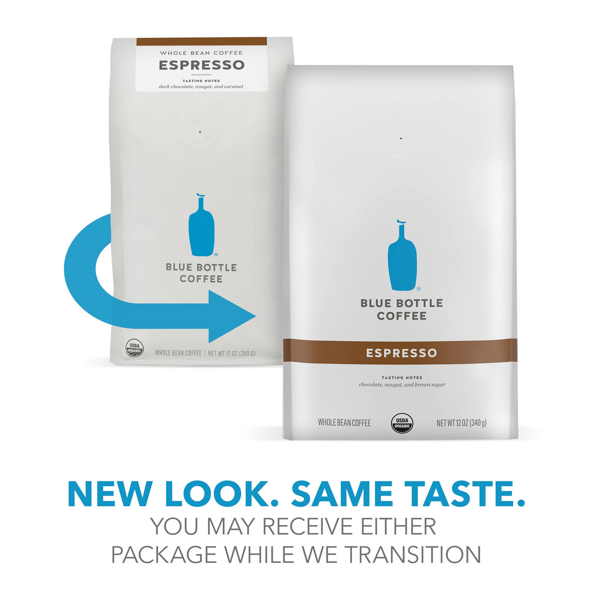 Blue Bottle Organic whole beans ideal for versatile home brewing.