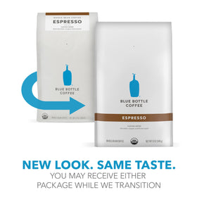 Blue Bottle Organic whole beans ideal for versatile home brewing.