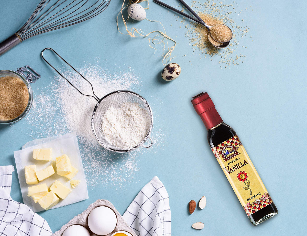 Blue Cattle Truck Trading Co. label close-up emphasizes authentic Mexican vanilla origin.