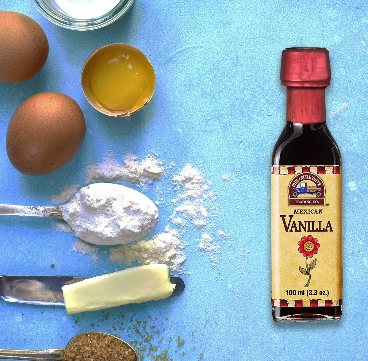 Blue Cattle Truck Trading Co. kitchen setup with vanilla bottle ready for quick flavor boosts.