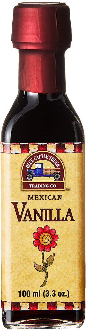 Blue Cattle Truck Trading Co. vanilla extract bottle highlights rich aroma for baking and beverages.