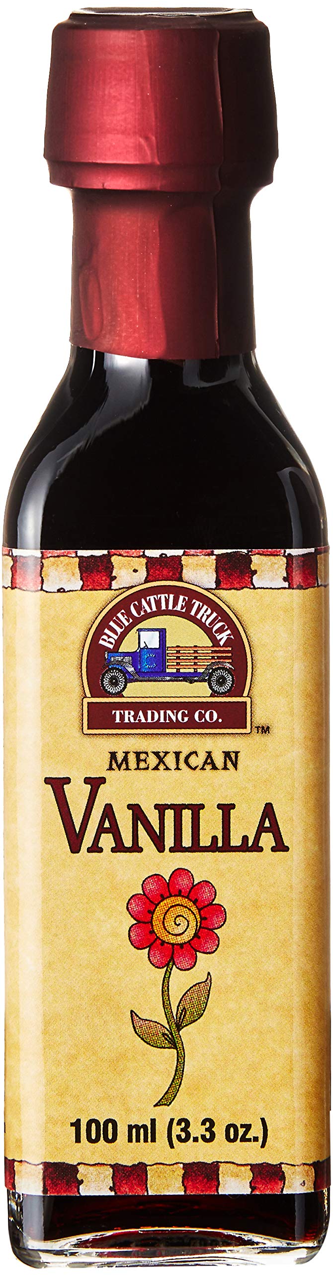 Blue Cattle Truck Trading Co. vanilla extract bottle highlights rich aroma for baking and beverages.