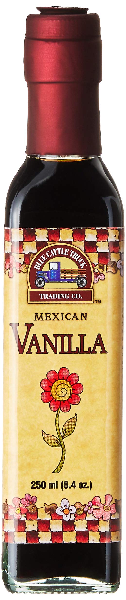 Blue Cattle Truck Trading Co. vanilla bottle close-up shows vanilla aroma for baking.