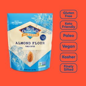 1-pound Blue Diamond Almond Flour bag on a pantry shelf, convenient kitchen staple.