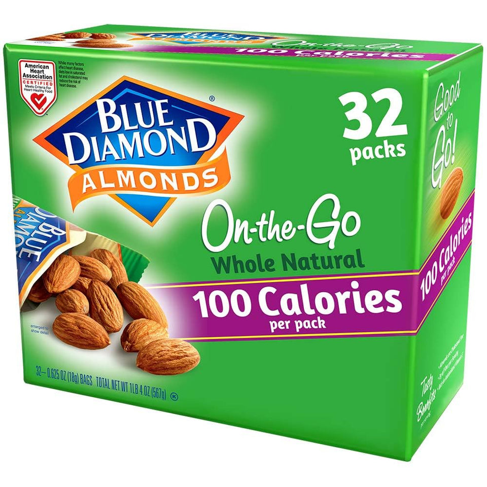 Blue Diamond Almonds 32 travel packs front view for easy on-the-go snacking.