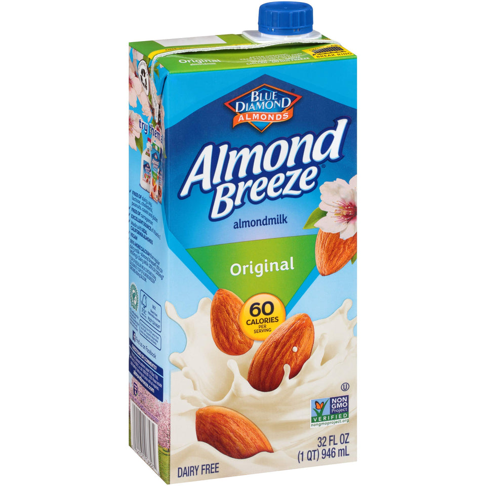 Blue Diamond Almond Breeze bottle pour: dairy-free creaminess for coffee and cooking.
