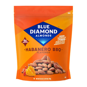Blue Diamond Almonds Habanero BBQ bag close-up highlighting bold flavor and resealable convenience