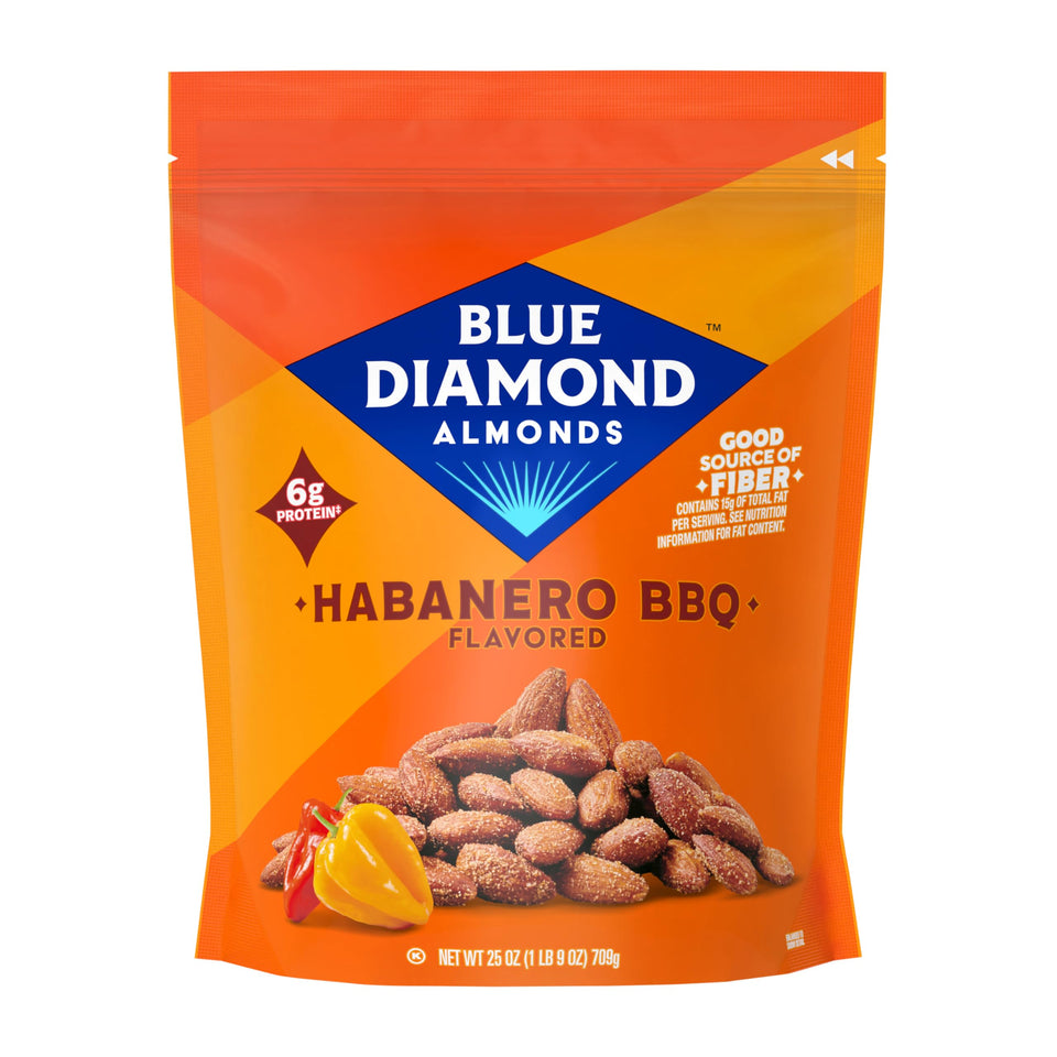 Blue Diamond Almonds Habanero BBQ bag close-up highlighting bold flavor and resealable convenience
