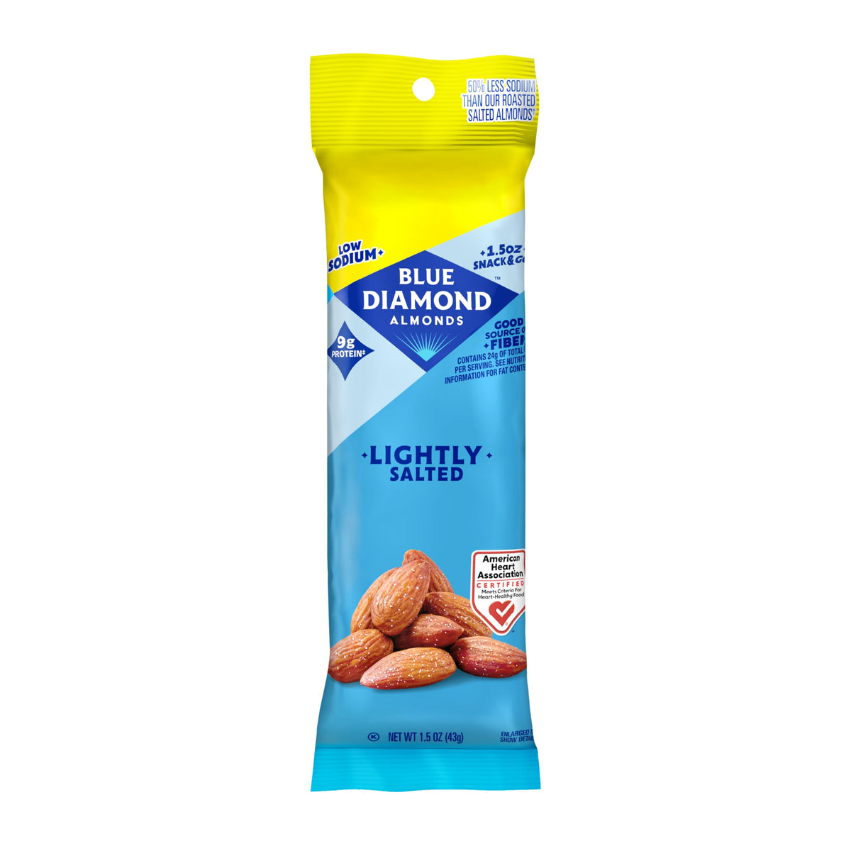 Blue Diamond Almonds Lightly Salted snack bag shows a flavorful, low-sodium crunch.