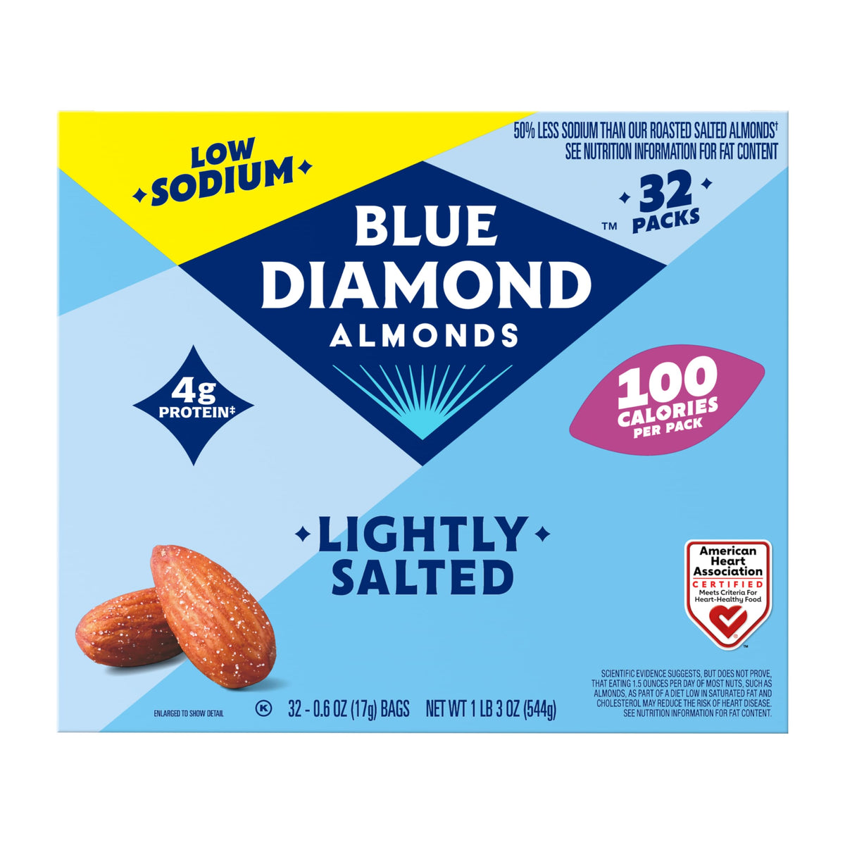 Blue Diamond Almonds low-sodium lightly salted 32-pack front for convenient on-the-go snacking.
