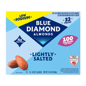 Blue Diamond Almonds low-sodium lightly salted 32-pack front for convenient on-the-go snacking.