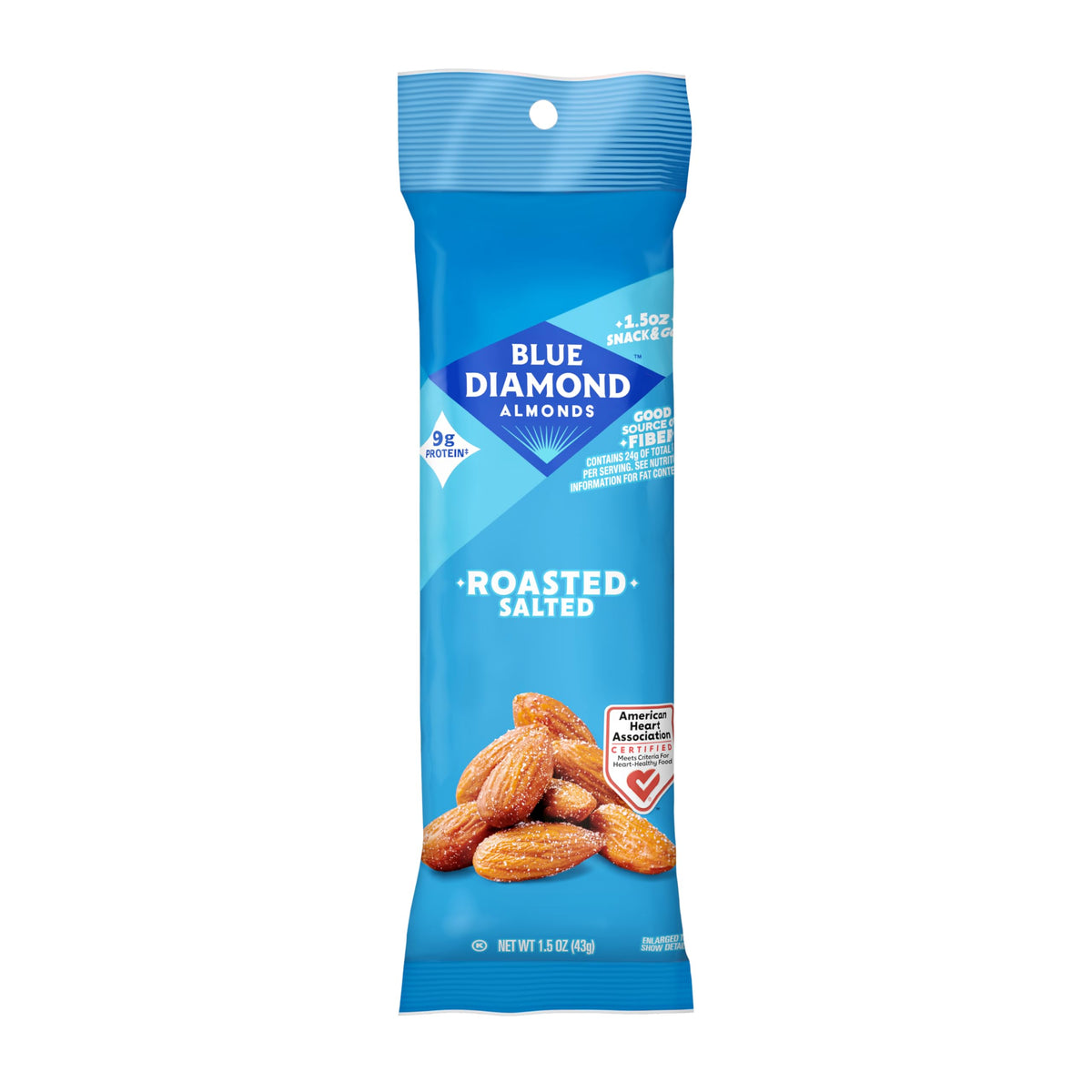 Blue Diamond Almonds roasted salted tubes front: crunchy, protein-rich on-the-go snack