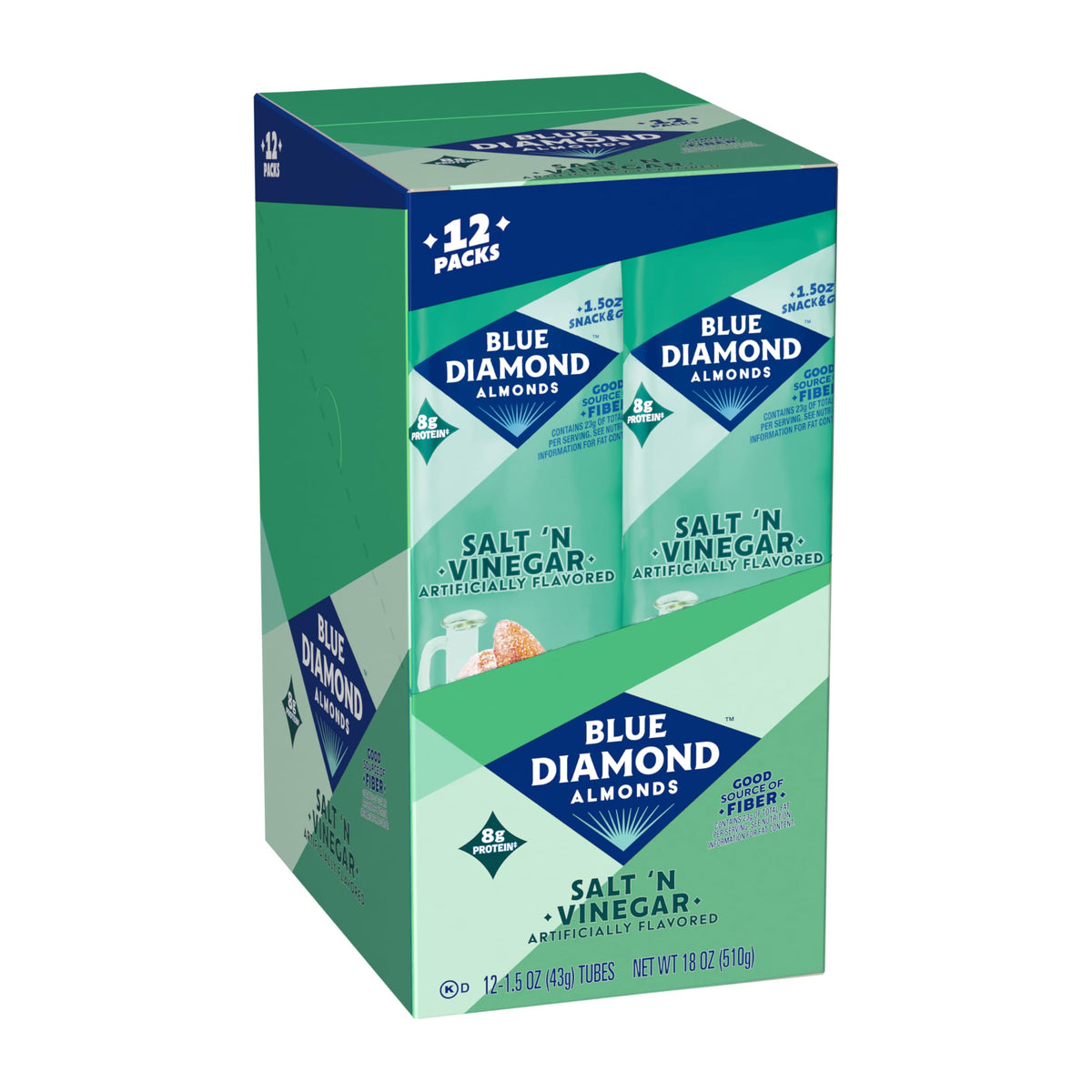 Blue Diamond Bold Almonds salt and vinegar seasoning close-up emphasizes bold taste.