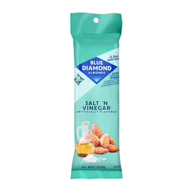 Blue Diamond Bold Almonds tubes salt and vinegar packaging showcases convenient on-the-go snacking.