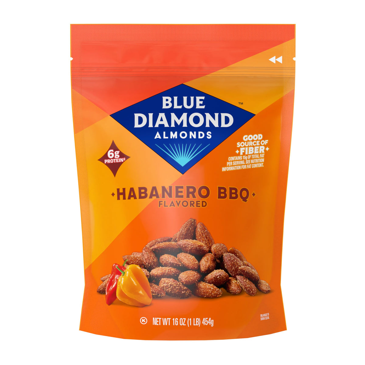 Blue Diamond Bold Habanero BBQ almonds bag shows bold heat for snacking