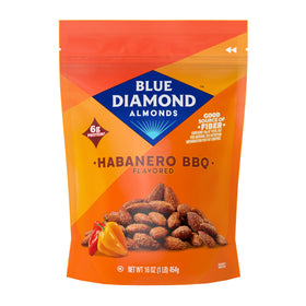 Blue Diamond Bold Habanero BBQ almonds bag shows bold heat for snacking
