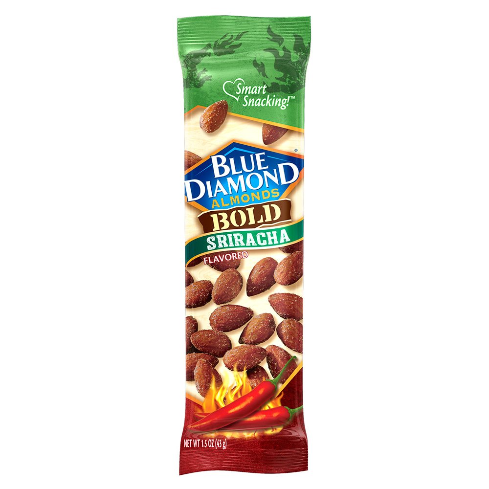 Blue Diamond Bold Sriracha almonds close-up showing crunchy texture for crave-worthy bites.