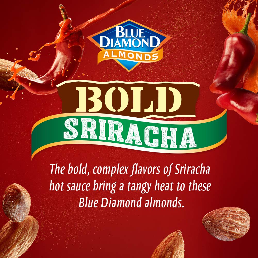 Blue Diamond Bold Sriracha almonds held in hand for on-the-go energy.