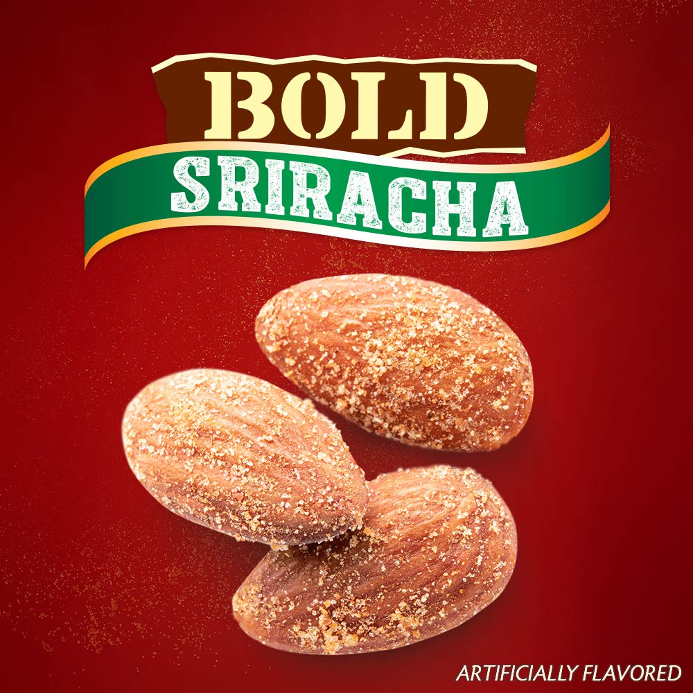 Blue Diamond Bold Sriracha almonds nutrition panel emphasizes protein and fiber.