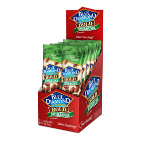Blue Diamond Bold Sriracha almonds pack demonstrates convenient single-serve snacking option.