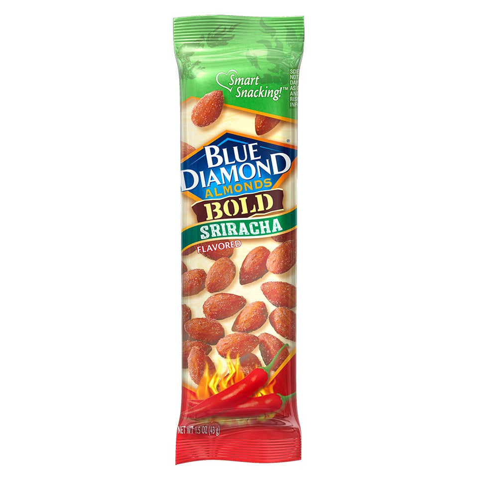 Blue Diamond Bold Sriracha almonds tube front highlights spicy flavor for on-the-go snacking.