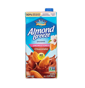 Blue Diamond Breeze unsweetened chocolate almond beverage bottle, silky texture for coffee and cereals