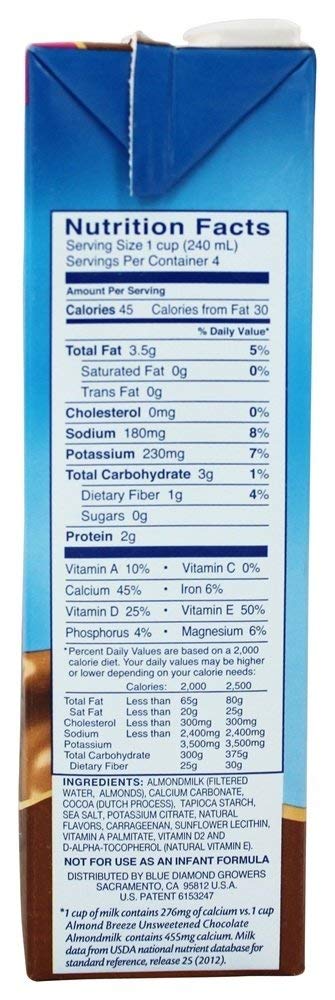 Blue Diamond Breeze unsweetened chocolate almond beverage glass, ideal for smoothies and recipes