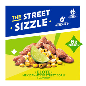 Blue Diamond Elote Almonds close-up bag showing creamy corn flavor.