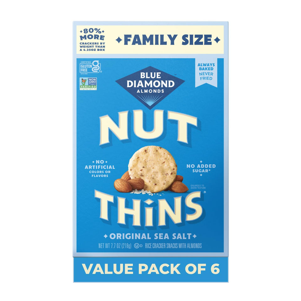 Blue Diamond Nut-Thins Original crackers in a six-pack, ideal for gluten-free snacking.