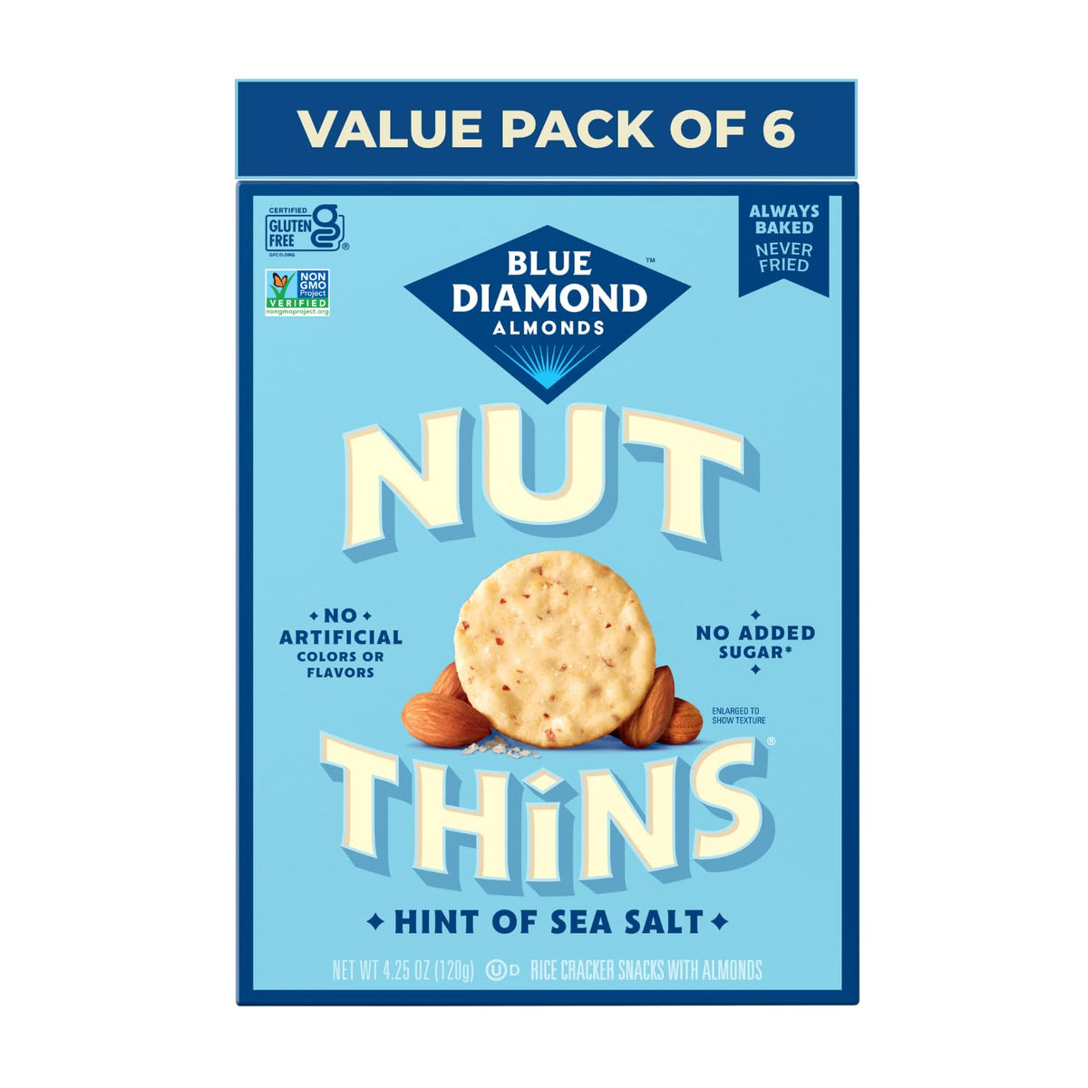 Blue Diamond Almonds Nut Thins sea salt crackers box front, gluten-free snack option.