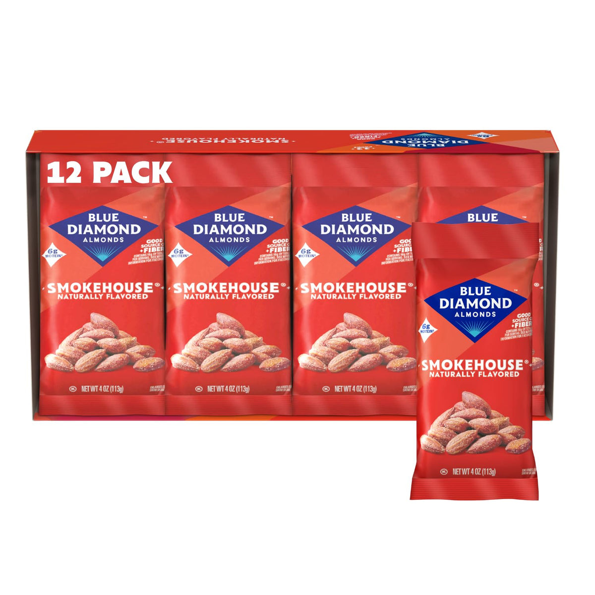 Blue Diamond Smokehouse Almonds packaging hero highlights convenient 12-pack snack.