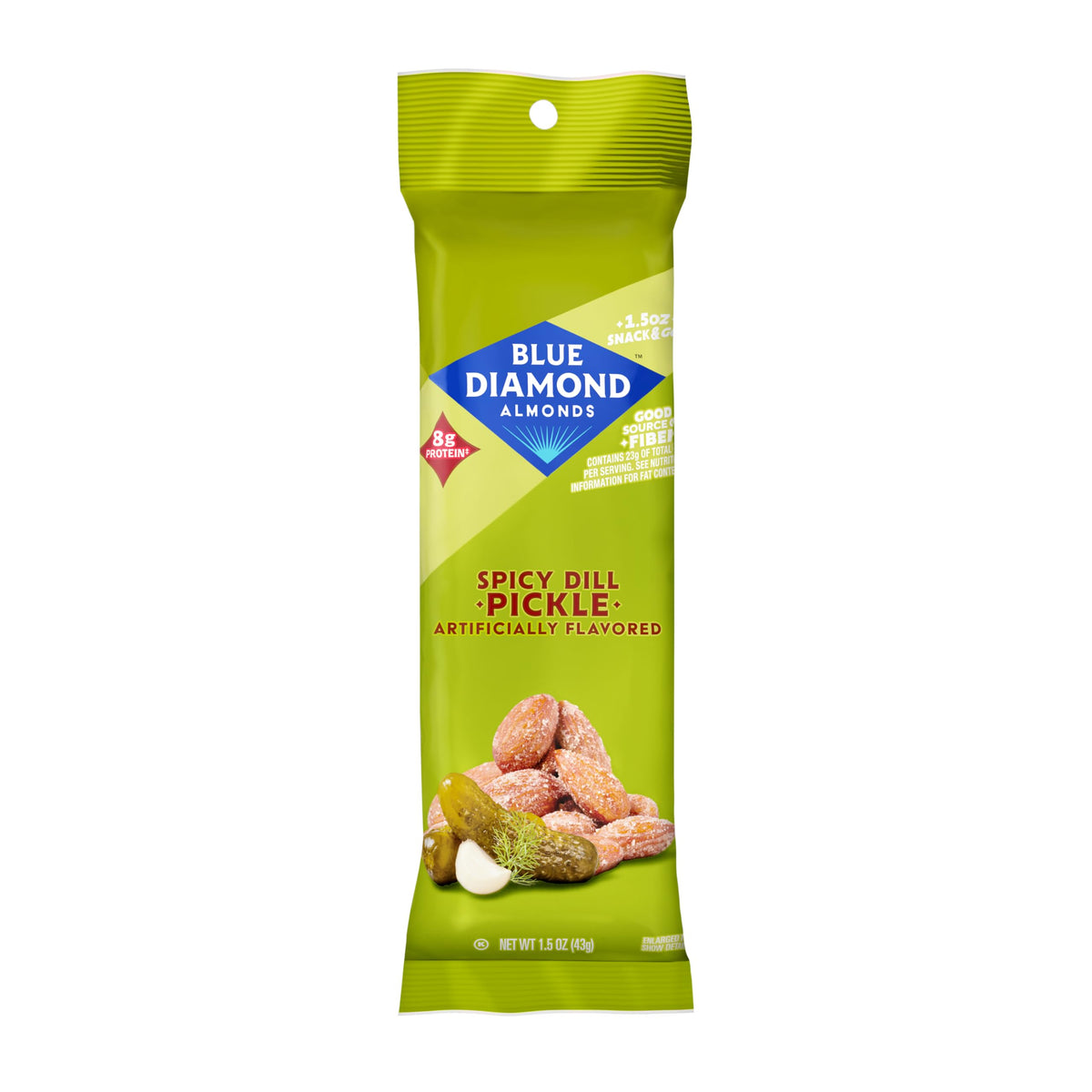 Blue Diamond Spicy Dill Pickle almonds in a 1.5 oz bag for on-the-go protein