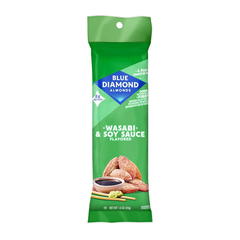 Blue Diamond Wasabi & Soy almonds in a bag, portable protein snack for busy days