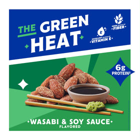 Close-up of Blue Diamond Wasabi & Soy almonds, showcasing spicy kick and savory finish