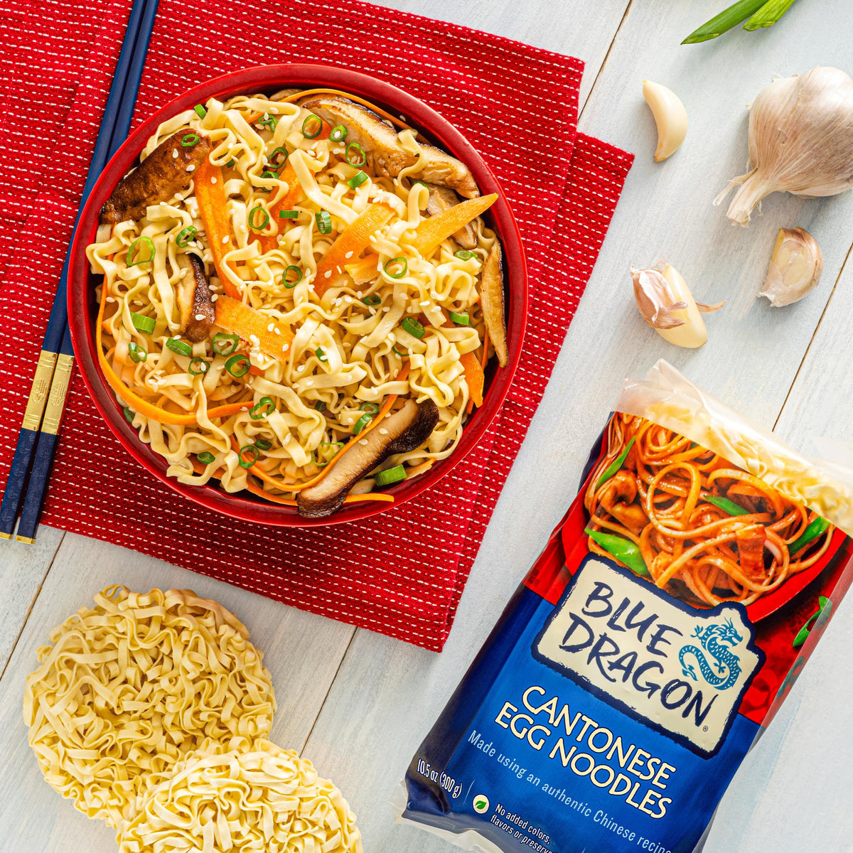 Blue Dragon noodles in soup broth deliver silky mouthfeel and comforting aroma.