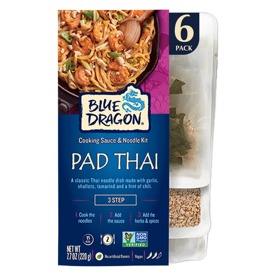 Blue Dragon Pad Thai 3 Step Kit packaging with pre-portioned sachets for quick weeknight meals