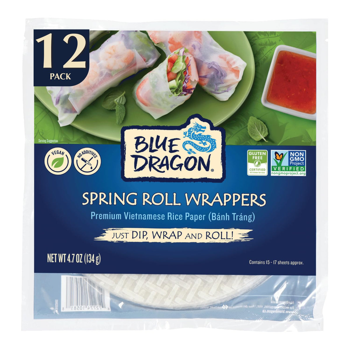 Blue Dragon rice paper spring roll wrappers: 14–16 sheets per pack ideal for fresh rolls.