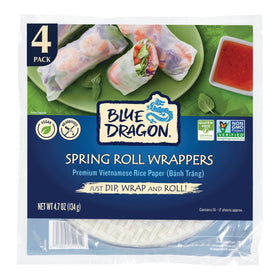Blue Dragon rice paper wrappers, front pack view, convenient pantry staple for rolls