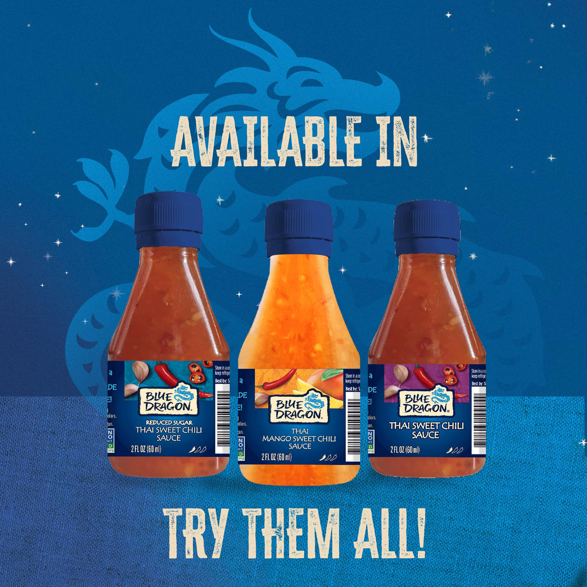 Blue Dragon sauce ingredients layout featuring mango, garlic, and chili freshness