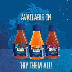 Blue Dragon sauce ingredients layout featuring mango, garlic, and chili freshness
