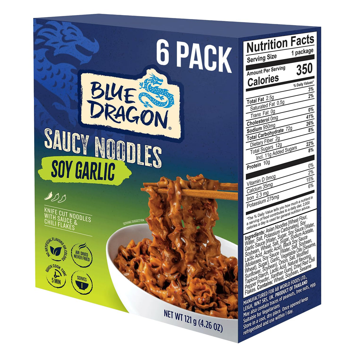 Blue Dragon Soy Garlic Saucy Noodles pack shot; six boxes for quick weeknight meals.