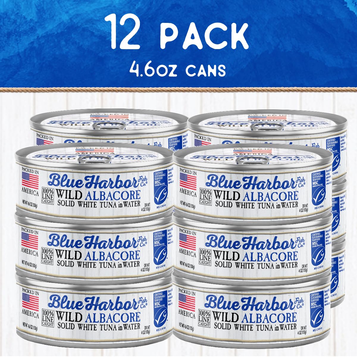 Blue Harbor 12-pack tuna cans on shelf for easy meal planning