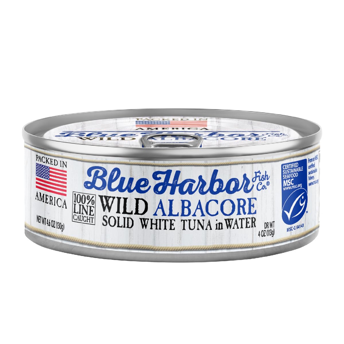 Blue Harbor Wild Albacore tuna in water with sea salt close-up, ready for quick meals